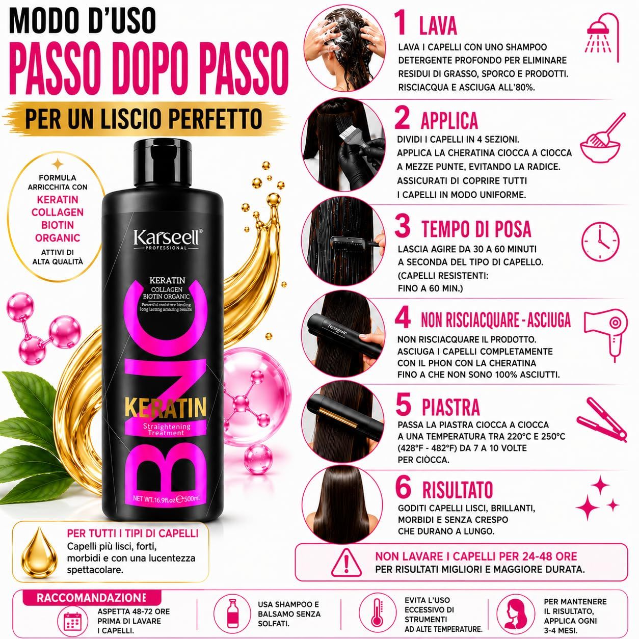 Flacone nero con scritta "Karseell Keratin", contiene trattamento lisciante per capelli.