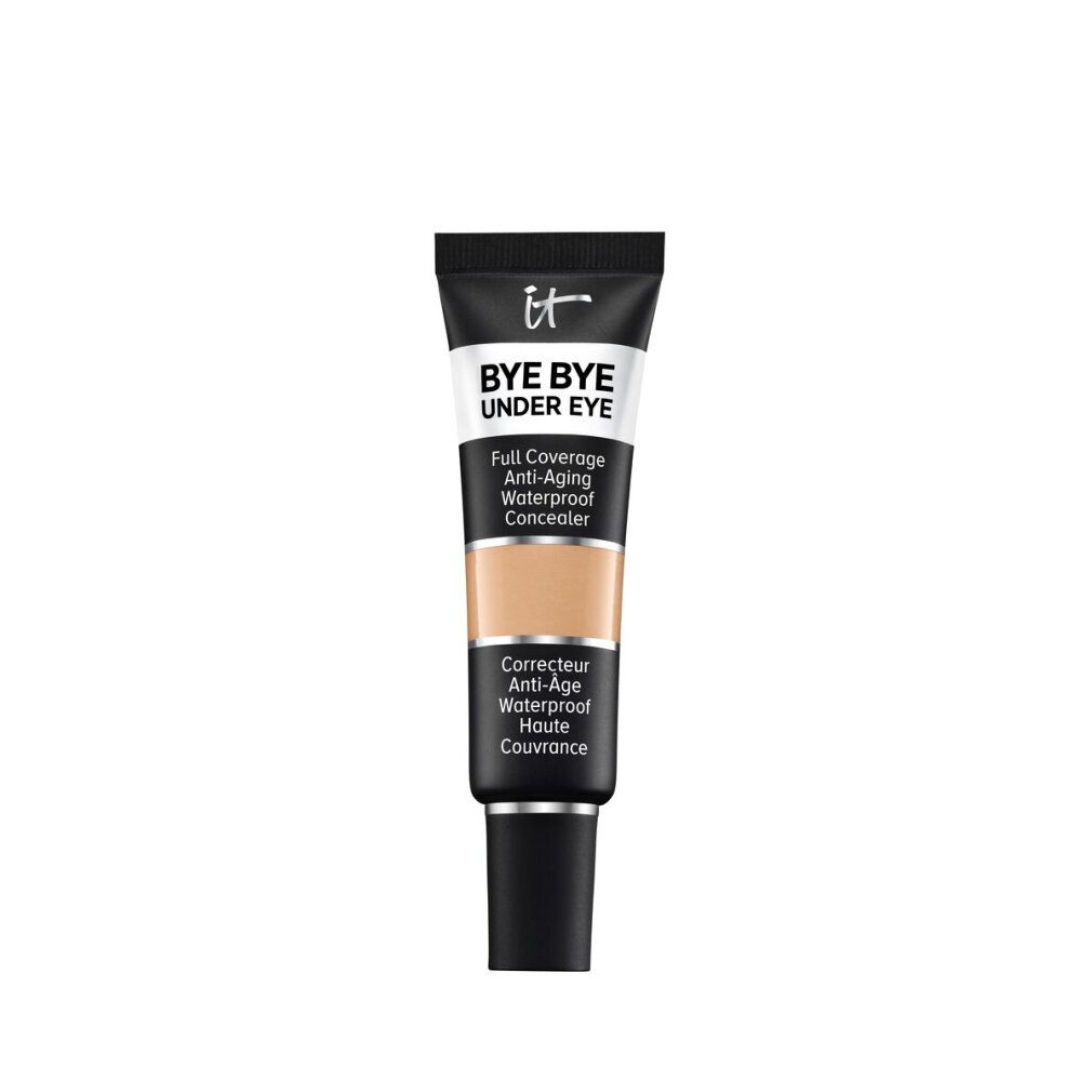 Tubo correttore, nero, bianco e beige. Scritta: IT, BYE BYE UNDER EYE, Full Coverage, Anti-Aging, Waterproof Concealer. Tonalità: Medium Bronze.