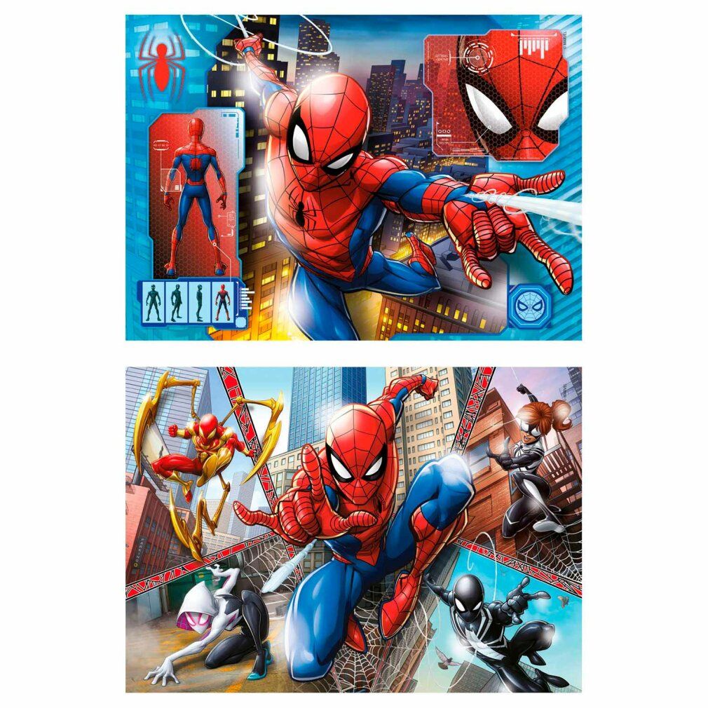 Puzzle con motivi di Spiderman. Due puzzle da 60 pezzi ciascuno. I puzzle mostrano Spiderman in diverse pose e scene.