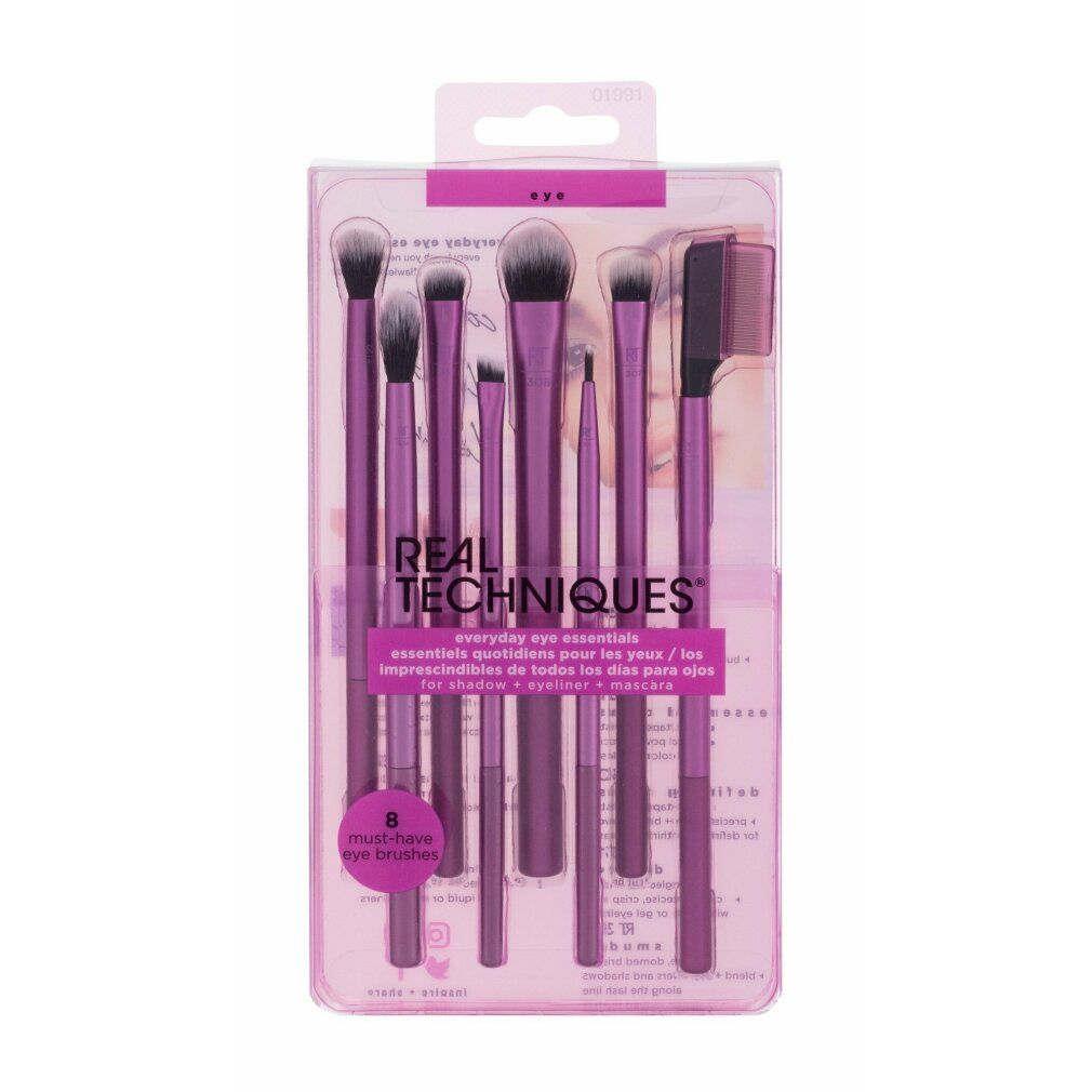 Set di 8 pennelli occhi in confezione. Marchio REAL TECHNIQUES. Testo: everyday eye essentials.