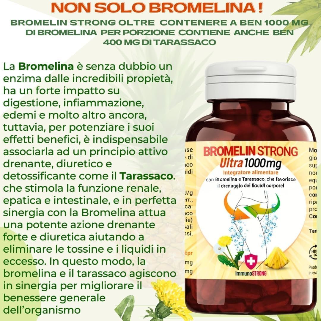 Flacone marrone con capsule. Scritta: BROMELIN STRONG Ultra 1000mg. Testo su bromelina e tarassaco.