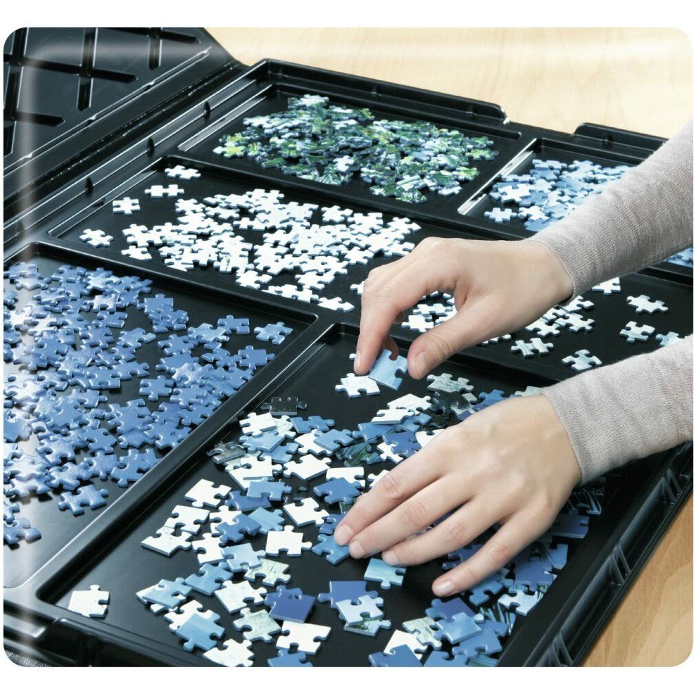 Contenitore nero per puzzle con più scomparti. Mani che ordinano i pezzi per colore. Pezzi di puzzle di diversi colori.