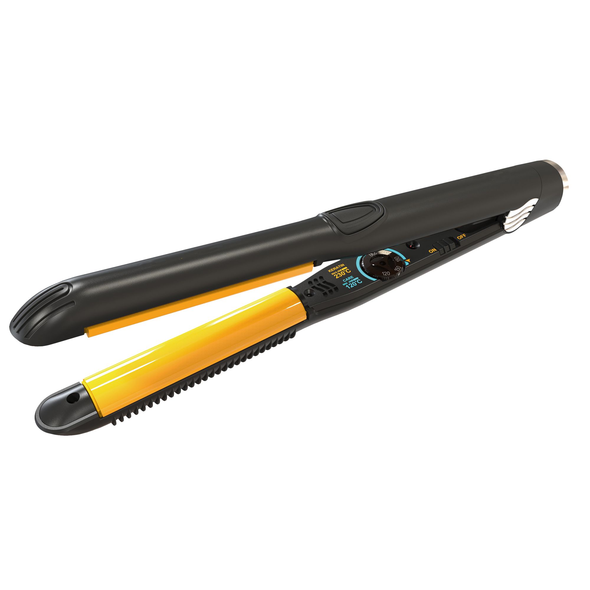 Piastra per capelli nera con elementi gialli. Display digitale. Aperta.