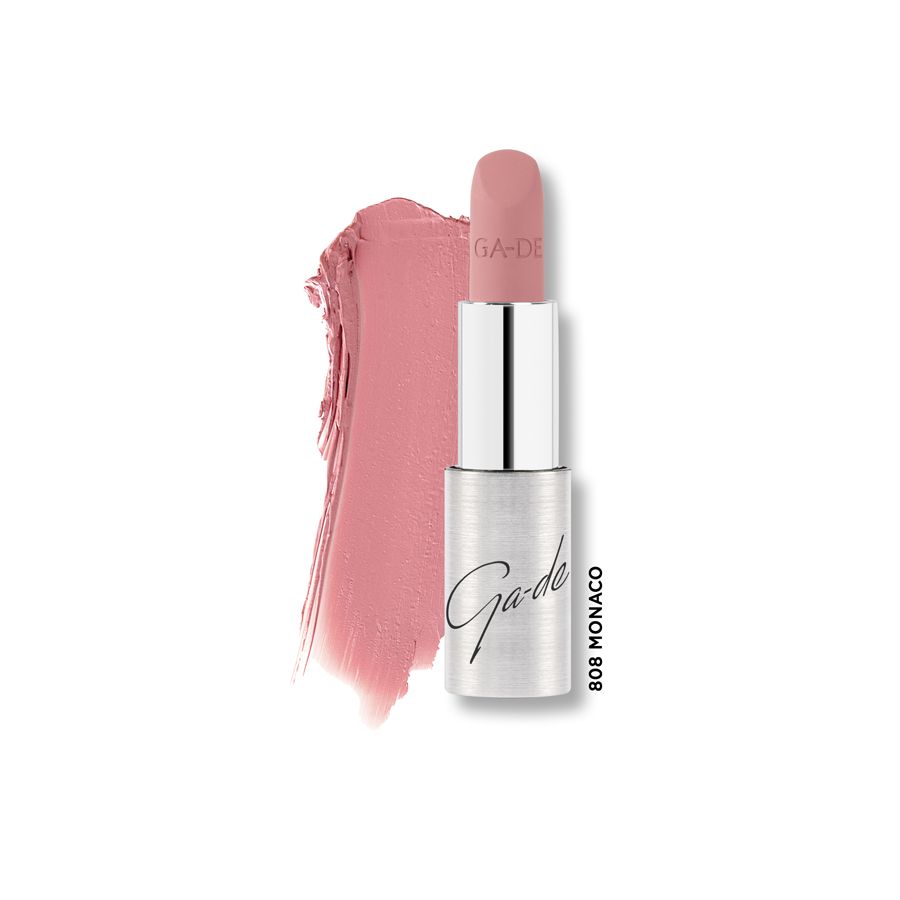 Rossetto opaco morbido Ga-De Selfie, tonalità 808 Monaco, con astuccio argentato e una striscia di colore abbinato.