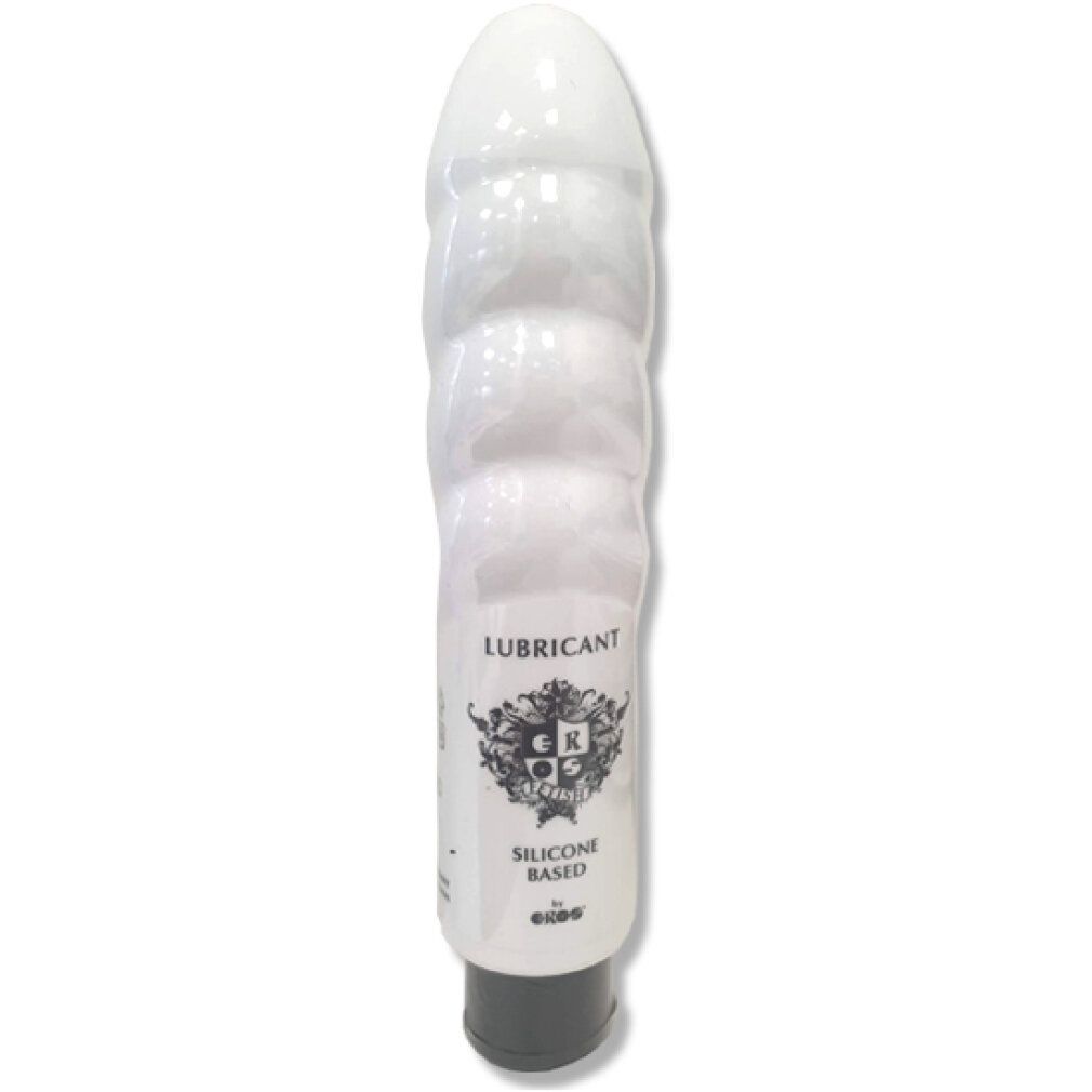 Lubrificante bianco in flacone a forma di Toy Bottle. Scritta: LUBRICANT, SILICONE BASED. Tappo nero.