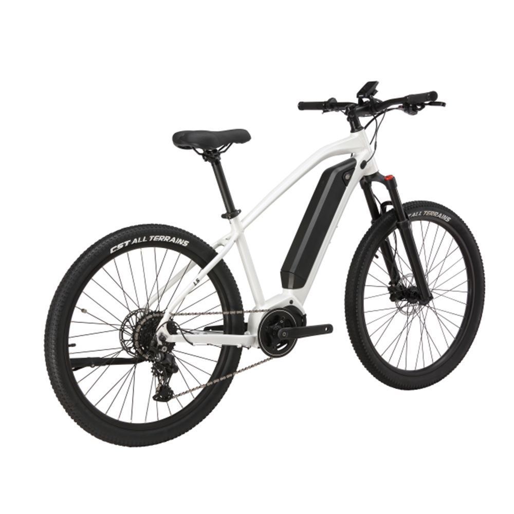 E-MTB bianco con telaio e pneumatici neri. Logo Cyclefort sul telaio.