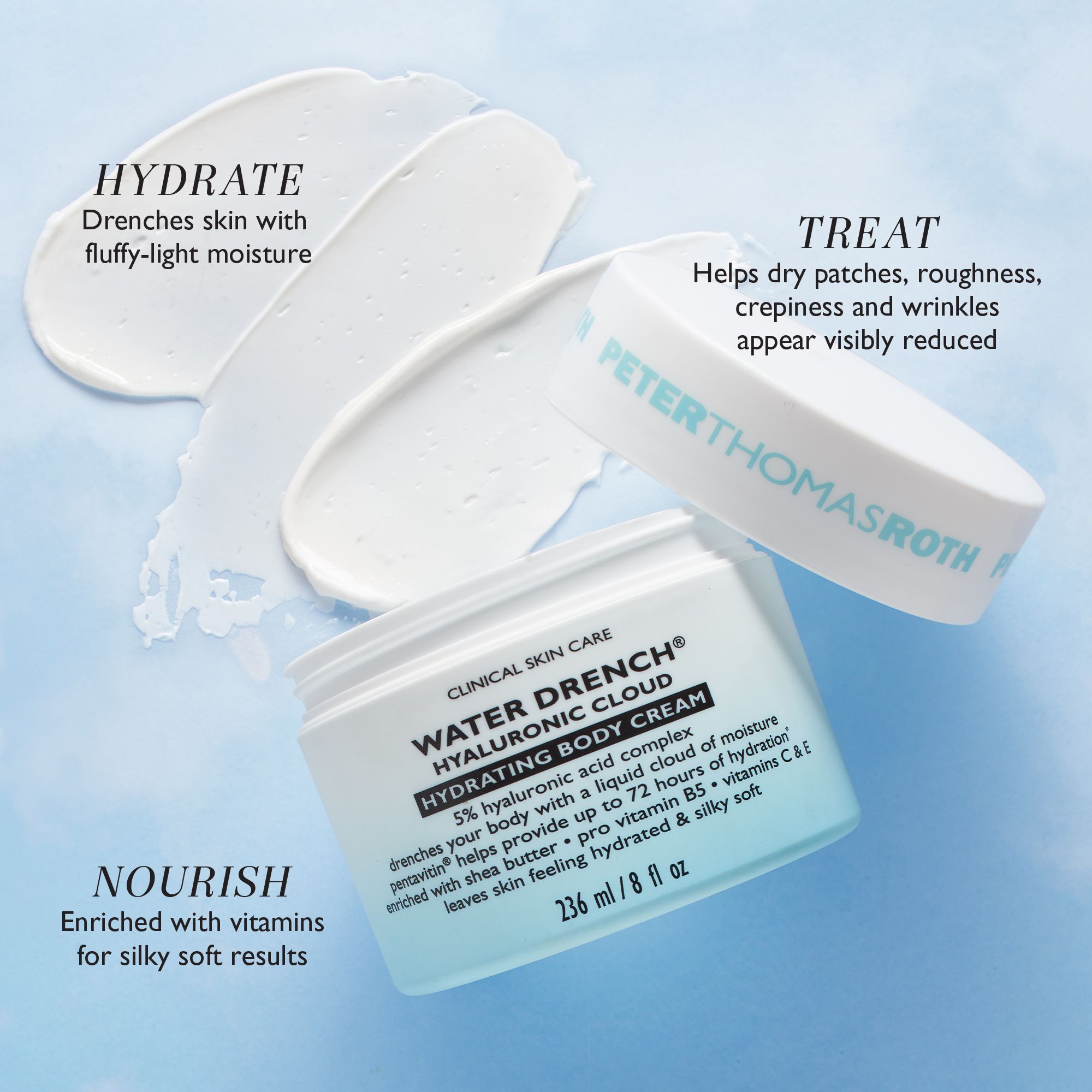 Barattoli di crema aperti con crema. Scritta: Water Drench Hyaluronic Cloud Hydrating Body Cream. Testo: Idrata, Tratta, Nutre.