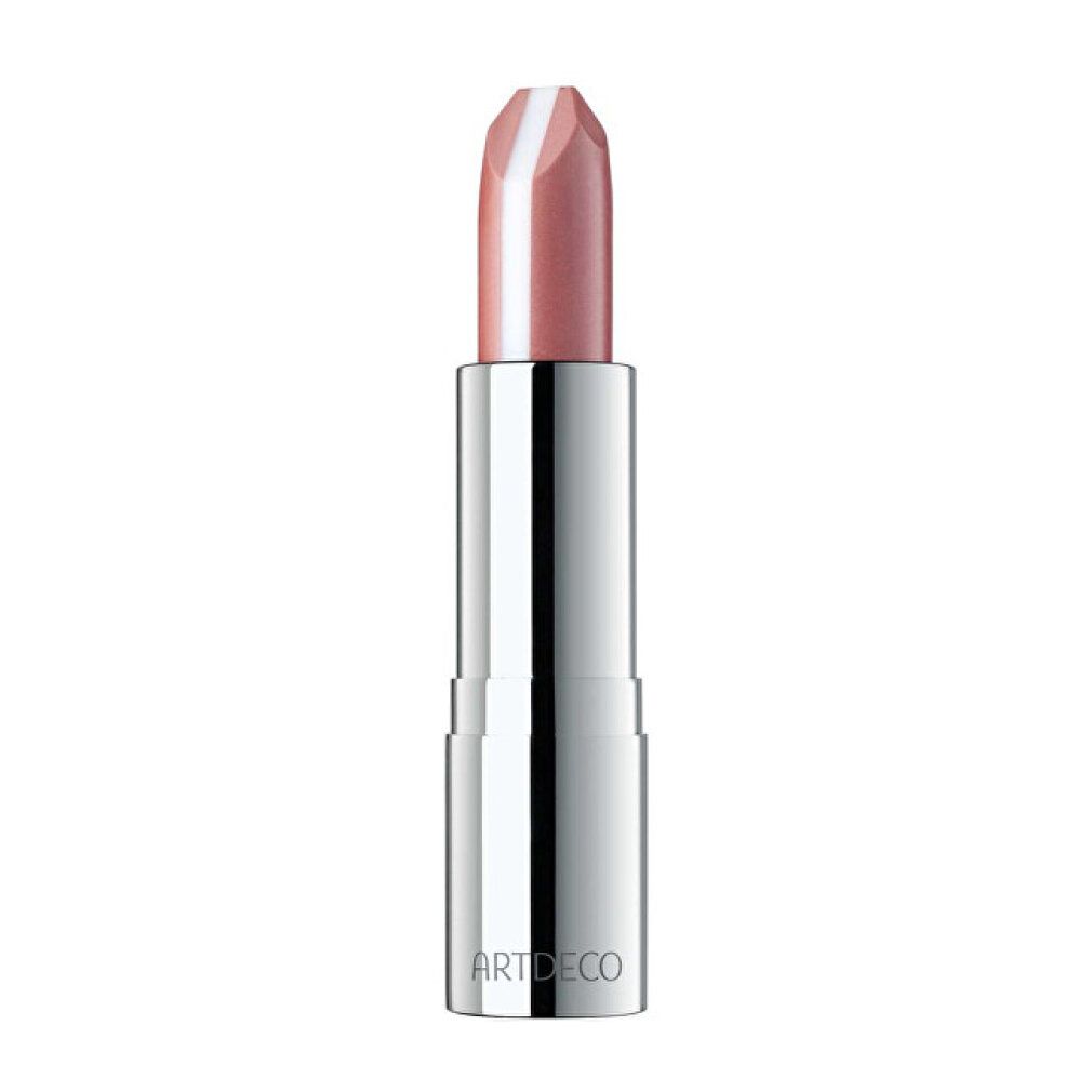 Rossetto rosa con striscia bianca centrale. Astuccio argentato con ARTDECO. Primo piano.