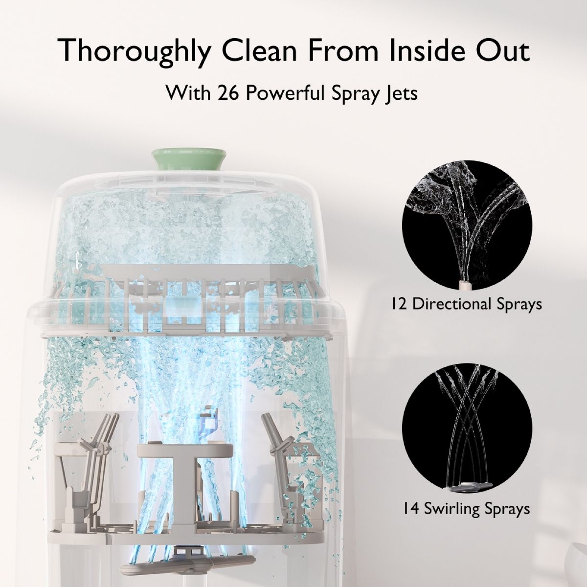 Sterilizzatore per biberon con coperchio aperto. Interno con ugelli spruzzatori. Illustrazioni di getti. Testo: 26 Powerful Spray Jets.