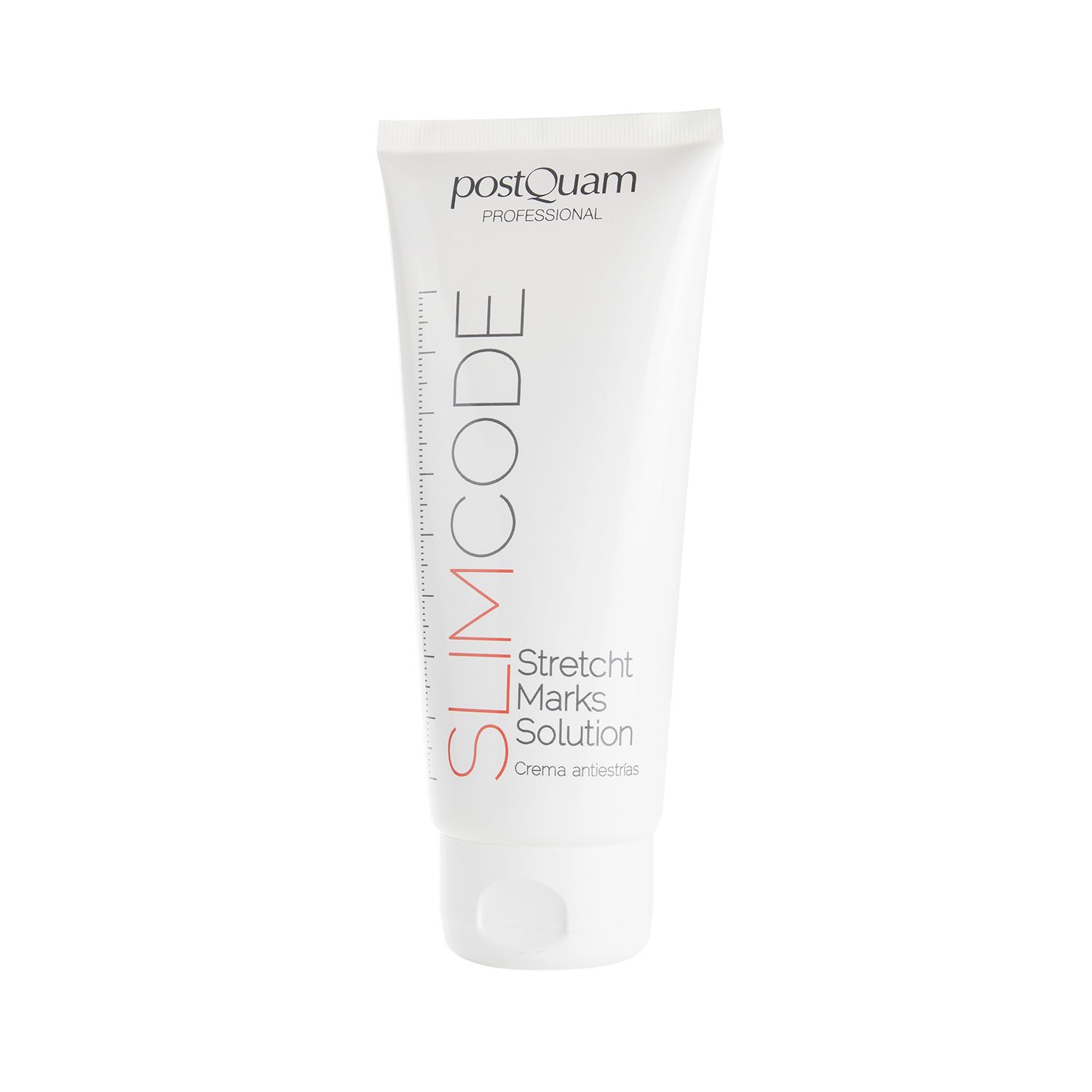 Tubo bianco con scritta rossa SLIMCODE e Stretch Marks Solution. Marchio Postquam.