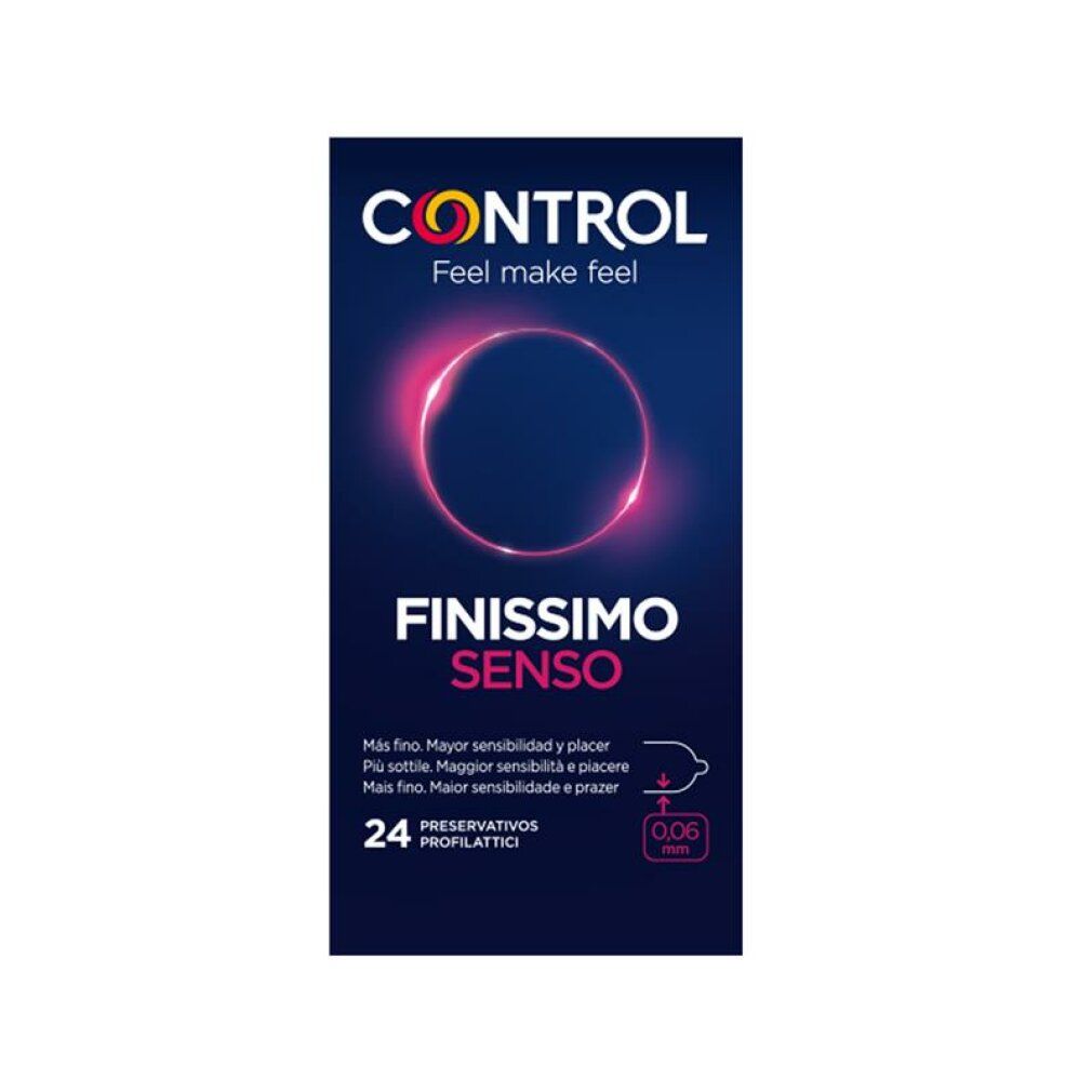 Scatola di preservativi CONTROL FINISSIMO SENSO. 24 pezzi. 0,06 mm. Sfondo blu scuro, cerchio rosso. Testo multilingue.