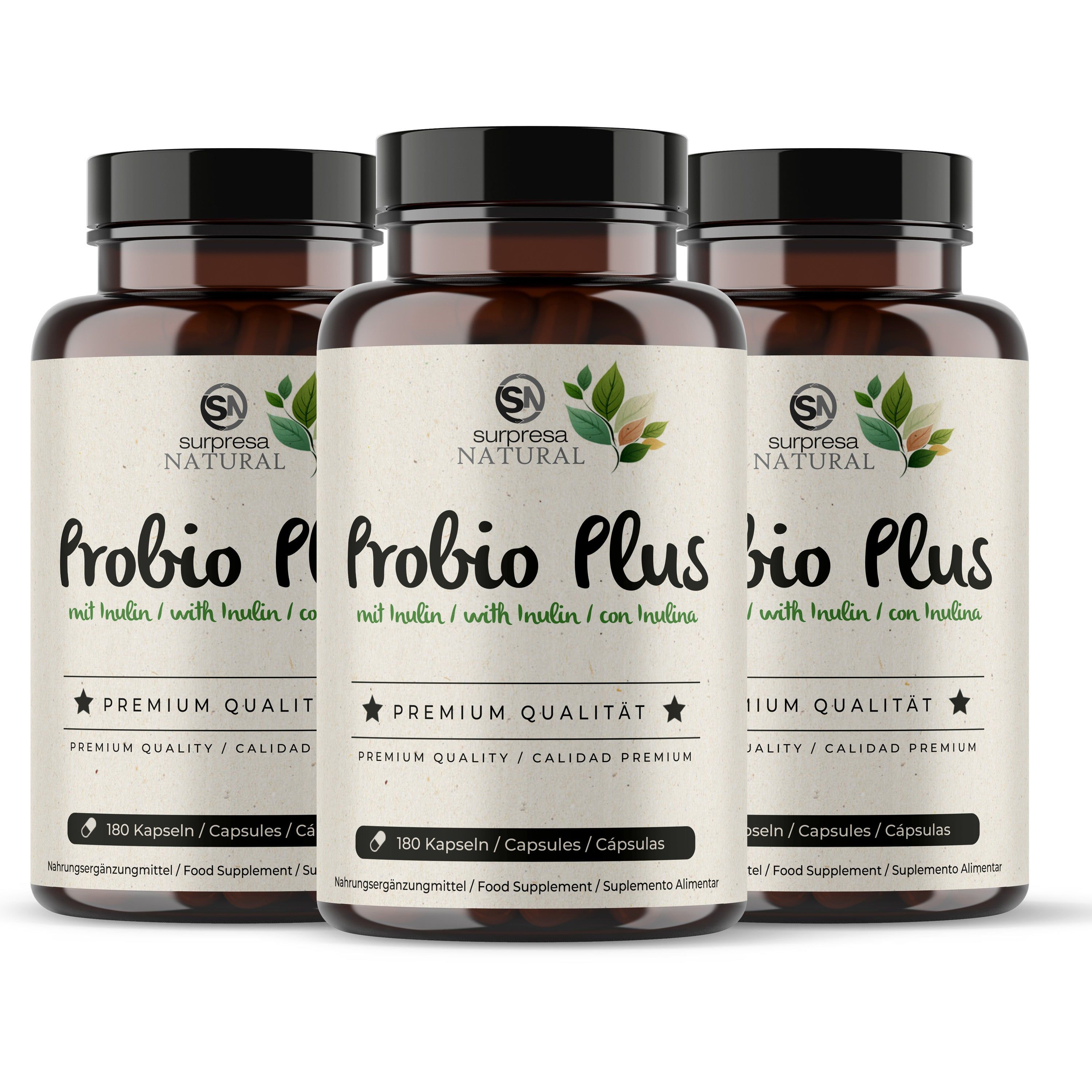 Tre flaconi di capsule Surpresa Natural Probio Plus uno accanto all'altro.