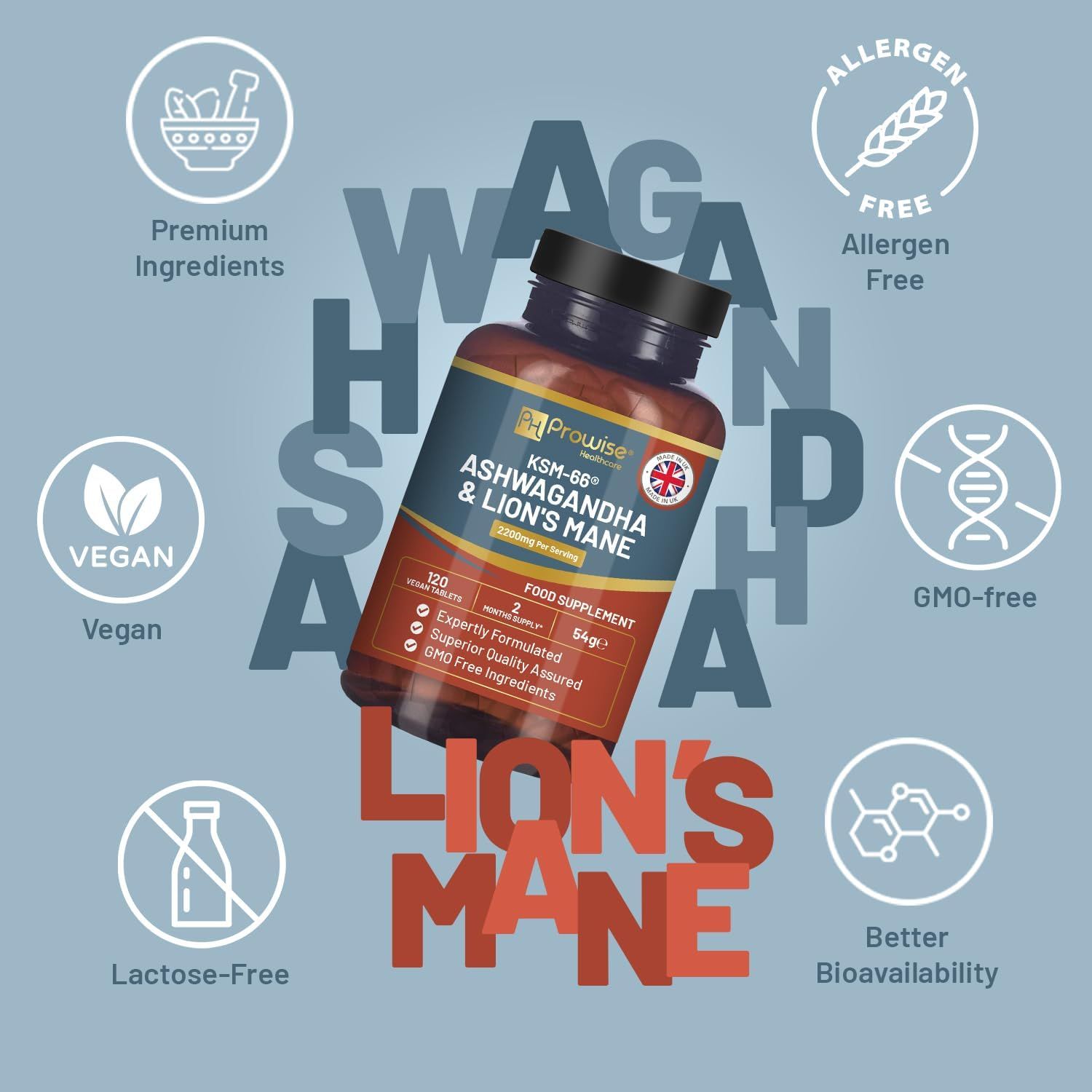 Flacone marrone con tappo nero. Scritta: KSM-66 Ashwagandha & Lion's Mane. Loghi: Vegano, Senza allergeni, Senza OGM, Senza lattosio.