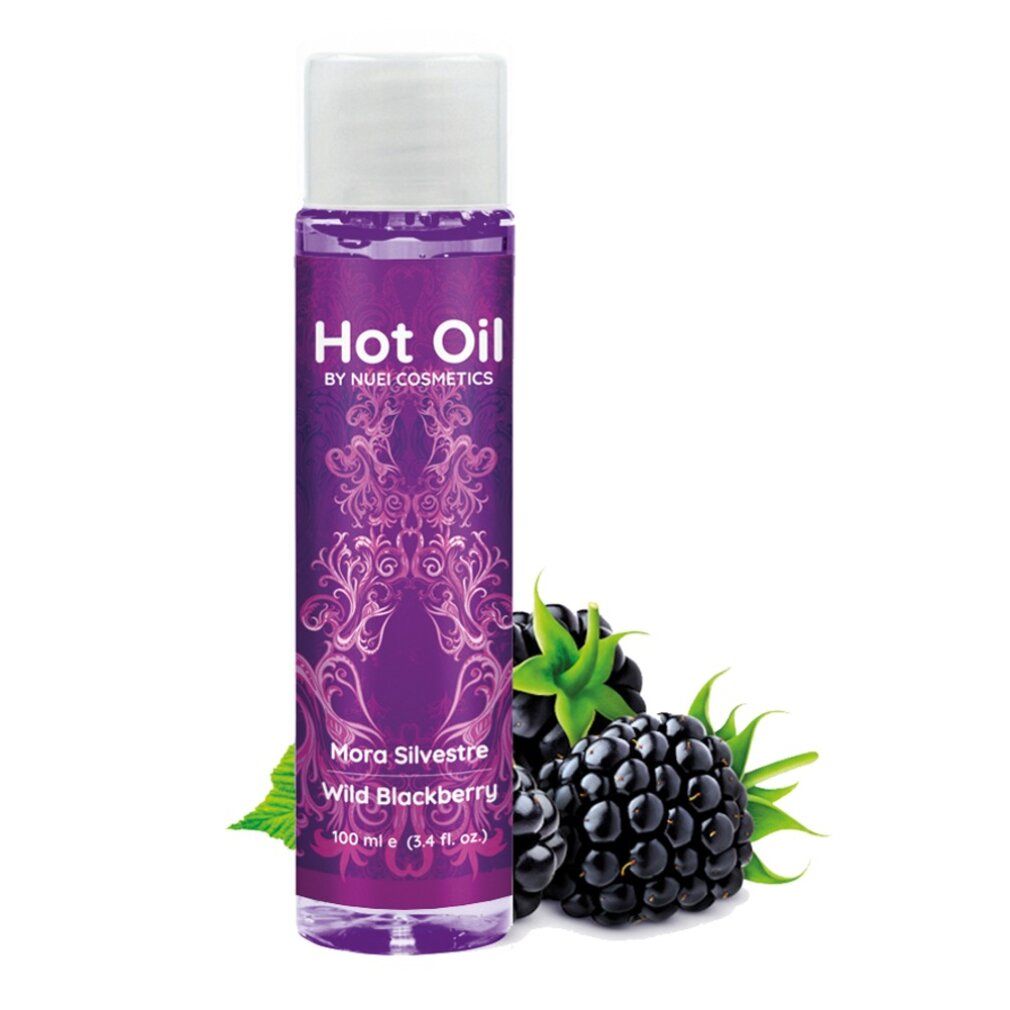 Flacone con etichetta viola e more. Scritta: Hot Oil, Mora Silvestre, Wild Blackberry. Marchio: NUEI cosmetics.