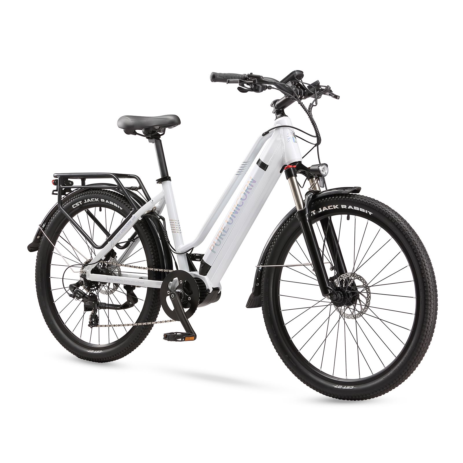E-bike bianca con pneumatici neri. Scritta: PURE UNICORN. Portapacchi posteriore.