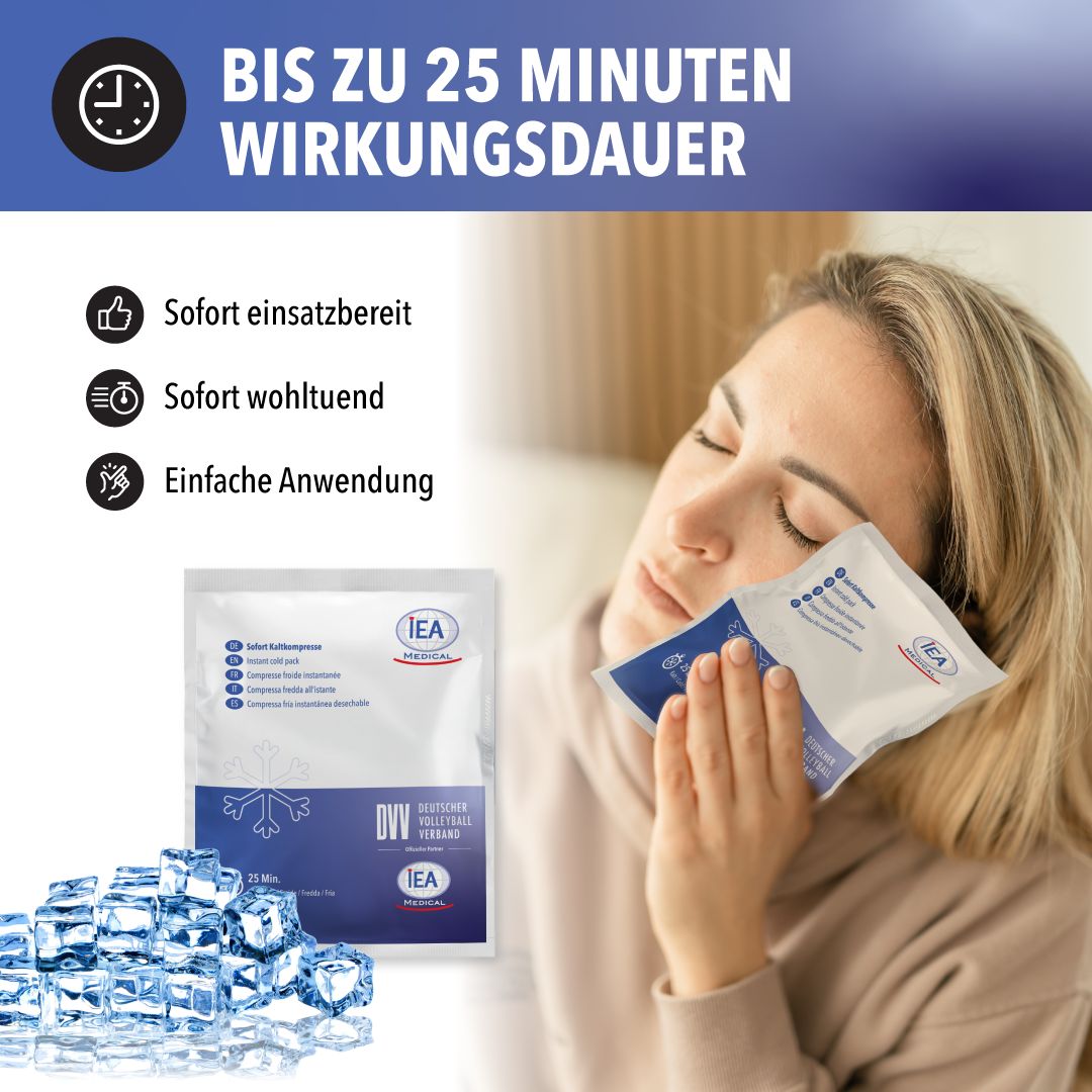 Donna con impacco freddo sul viso. Testo: Durata fino a 25 minuti. Immagini: pronto all'uso, benefico, facile da usare.