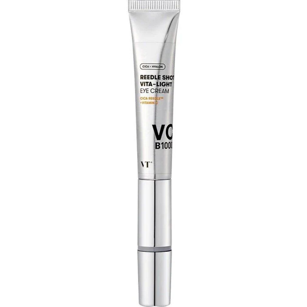 VT Cosmetics Reedle Shot Vita-Light Eye Cream in tubo argentato con applicatore.