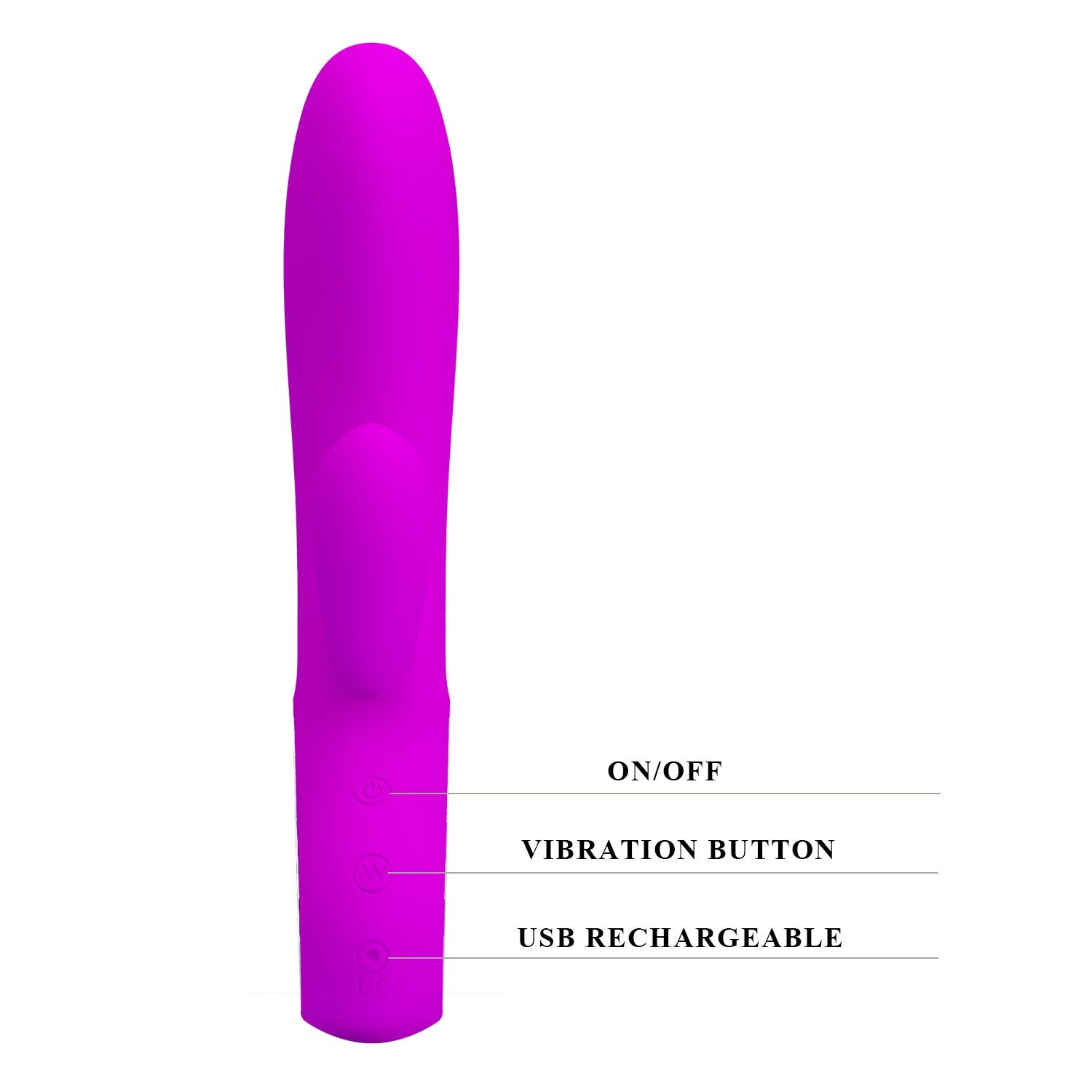 Vibratore viola cilindrico. Scritte: ON/OFF, VIBRATION BUTTON, USB RECHARGEABLE. Sfondo bianco.