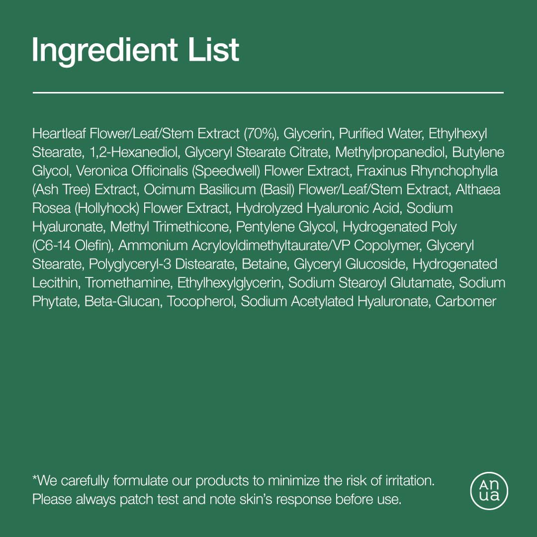 Elenco degli ingredienti. Testo: Heartleaf Flower/Leaf/Stem Extract (70%), Glicerina, ecc. Marchio: Anua.