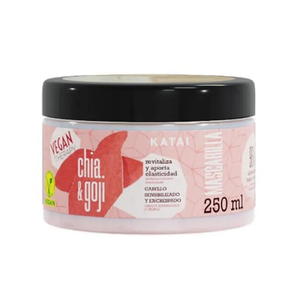 Barattolo rotondo con coperchio nero. Scritte: Chia & Goji, Vegan Therapy, Katai, Mascarilla, 250 ml. Etichetta rosa.