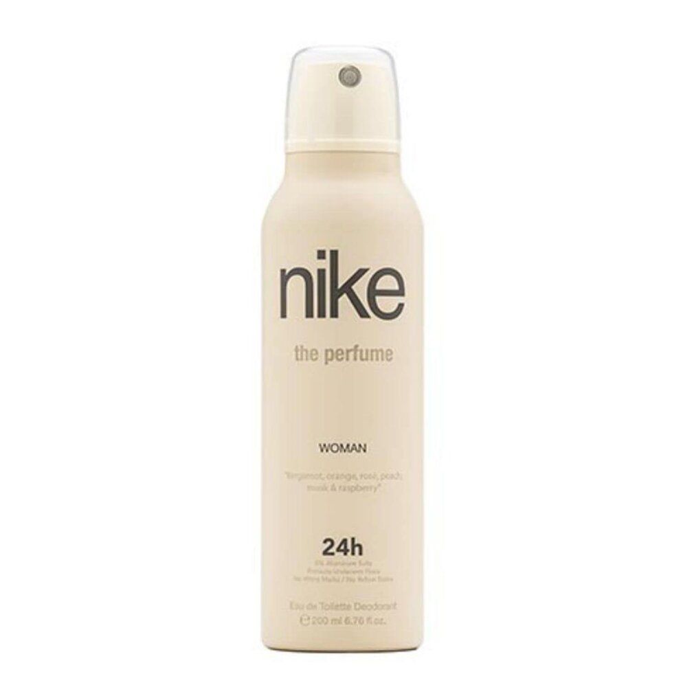 Nike The Perfume Woman Deodorant Spray, lattina color crema con scritta nera e cappuccio bianco.