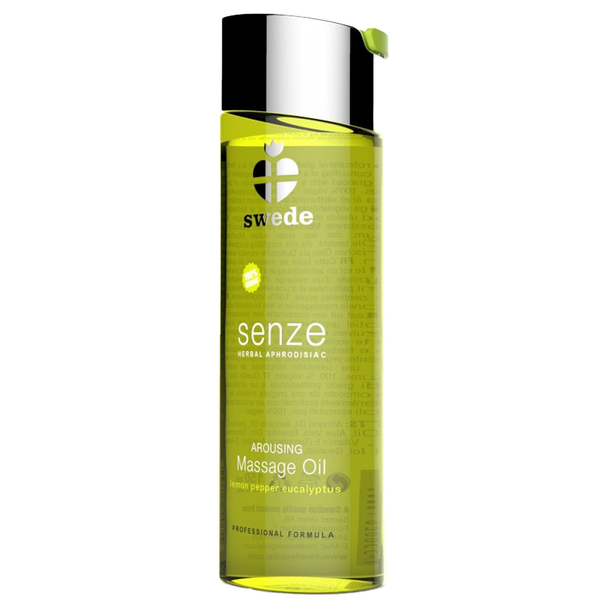 Flacone in vetro verde con tappo argentato. Scritte: Swede, senze, Massage Oil. Contiene Lemon Pepper Eucalyptus.