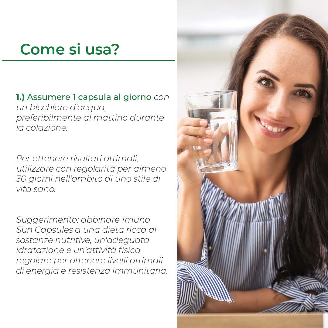 Donna che tiene un bicchiere d'acqua. Testo: Assumere 1 capsula al giorno con acqua. Per risultati ottimali, per 30 giorni.