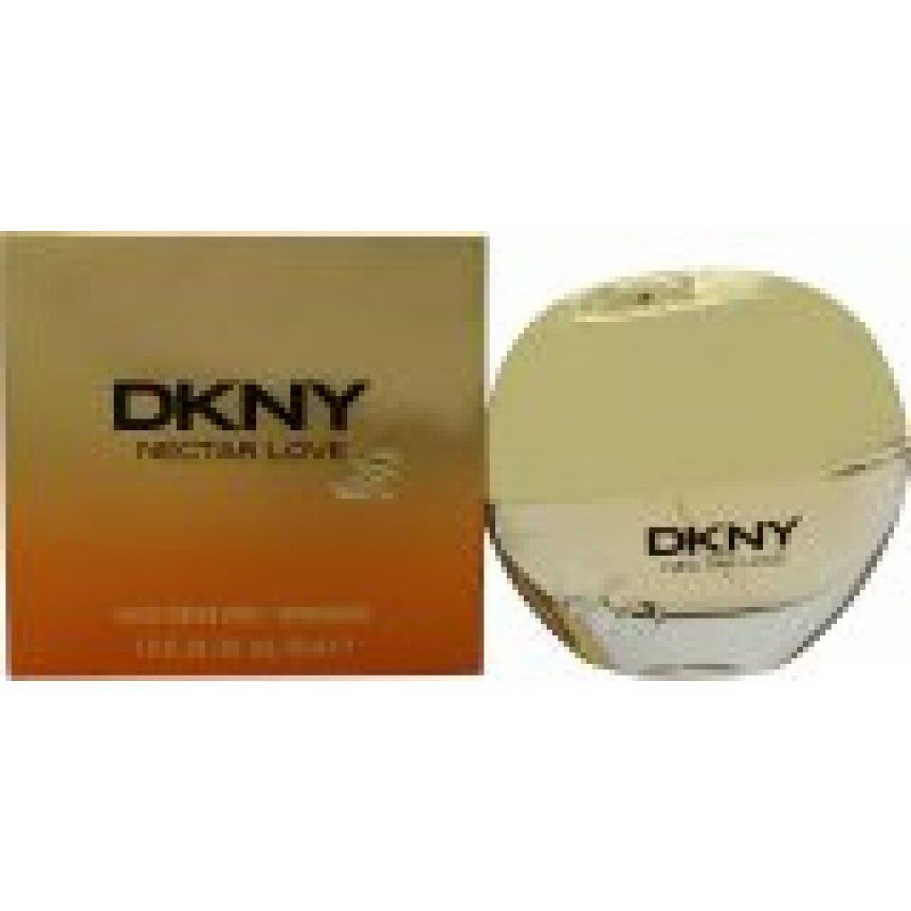 Flacone di profumo e scatola. Flacone rotondo, tappo dorato. Scatola oro-arancio. Scritta DKNY Nectar Love.