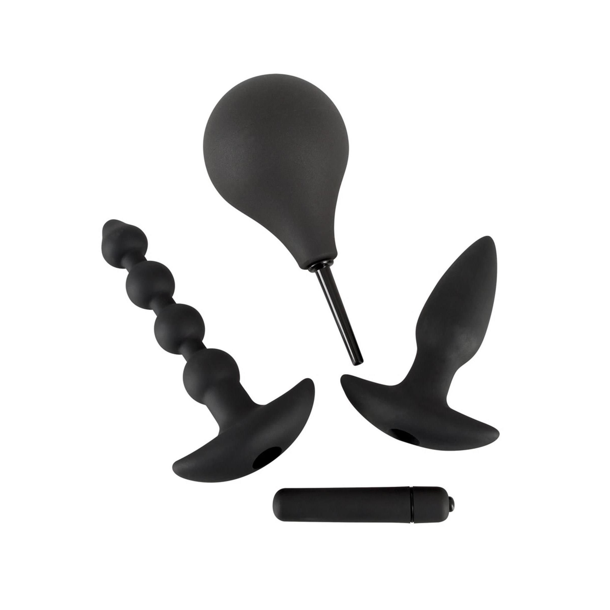Kit anale nero. Include doccia, perline, plug e vibro. Singoli pezzi in silicone.