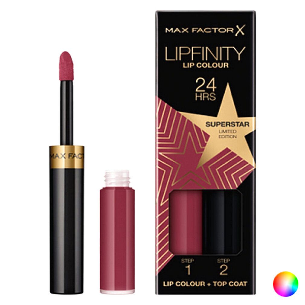 Rossetto e confezione Max Factor Lipfinity. Penna nera, colore rosso. Confezione nera con stelle.