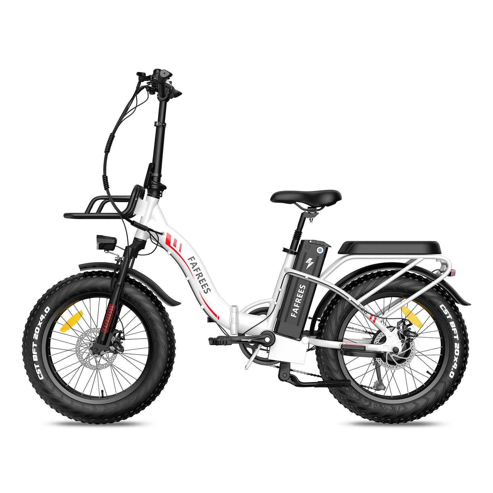 Bicicletta elettrica Fafrees F20 Max bianca. Pneumatici neri, portapacchi, cestino anteriore. Batteria e marchio visibili.