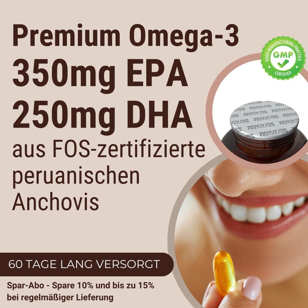 Capsula di Omega-3. Scritta: 350mg EPA, 250mg DHA. Certificazione GMP. Donna che tiene una capsula. Bottiglia marrone sullo sfondo.