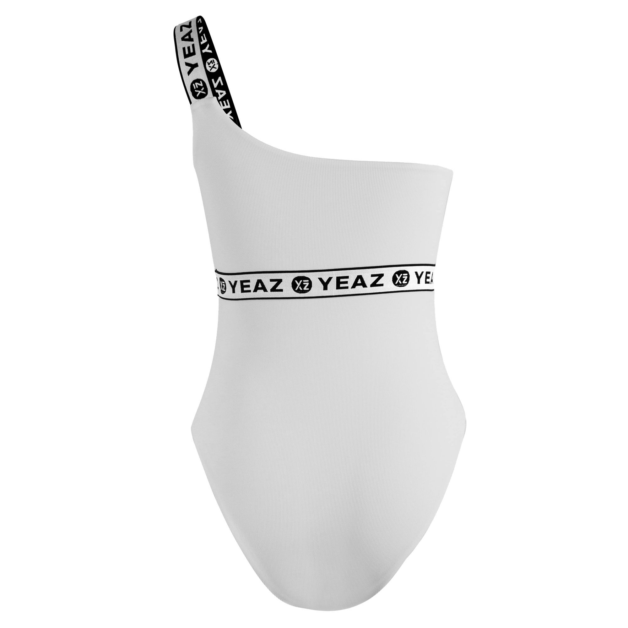Costume da bagno bianco monospalla con fascia logo nera.