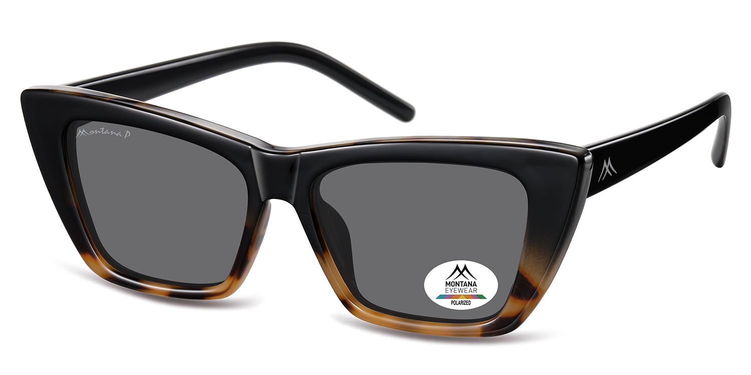 Occhiali da sole neri e marroni. Lenti grigie. Logo Montana Eyewear ed etichetta Polarized.