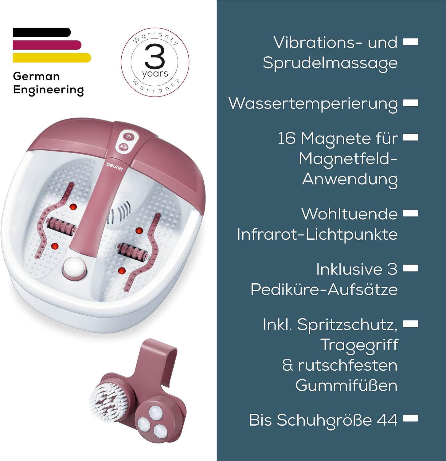 Idromassaggio per piedi con accessori. Bianco e rosa. Testo: massaggio, 3 accessori per pedicure. German Engineering.