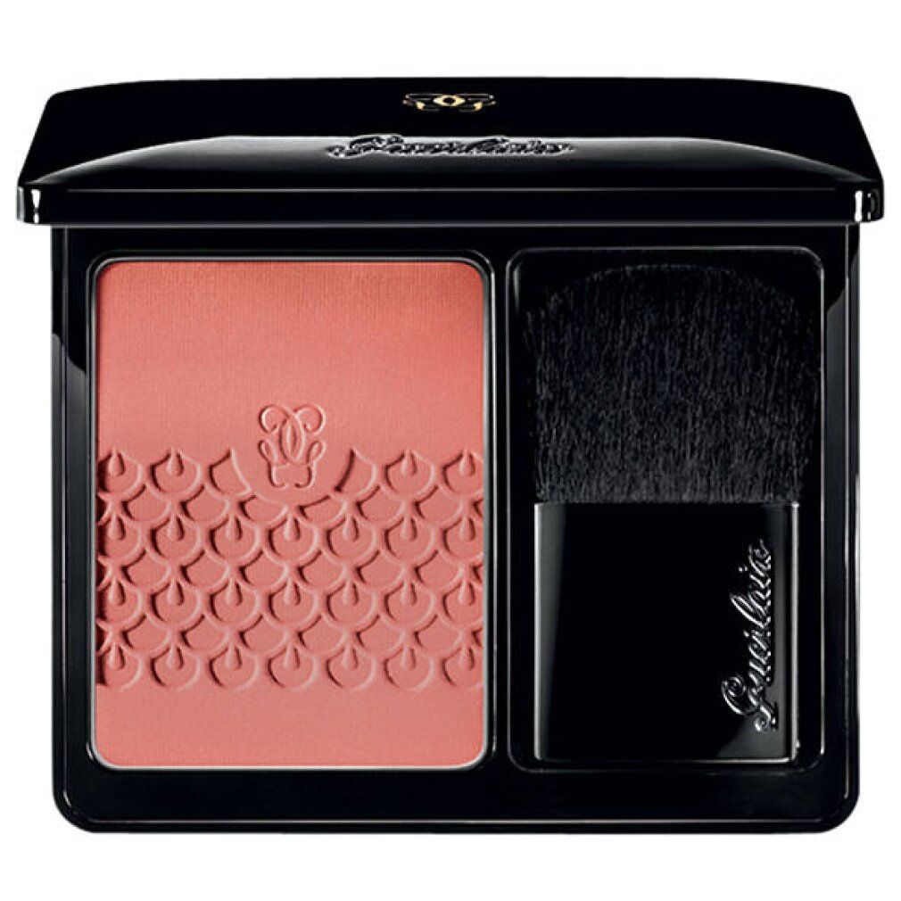 Fard compatto con pennello. Polvere rosa con motivo. Confezione nera. Logo del marchio su pennello e coperchio.