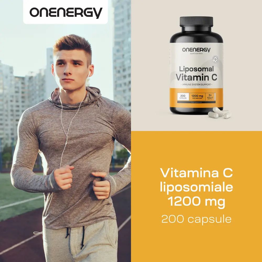 Uomo fa jogging. Flacone OnEnergy Vitamina C liposomiale e capsule. Testo: Vitamina C liposomiale 1200 mg, 200 capsule.