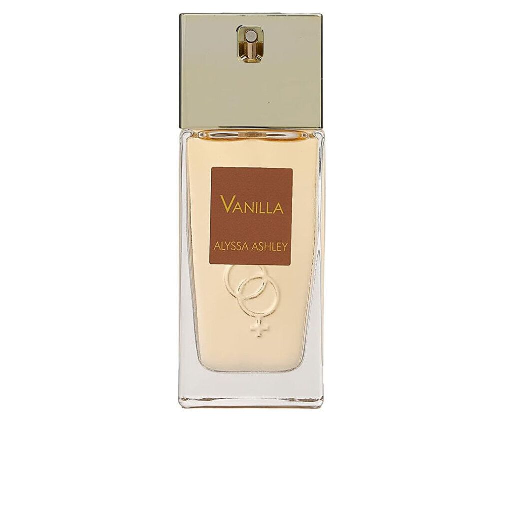 Flacone di profumo con tappo dorato. Scritta "Vanilla Alyssa Ashley".