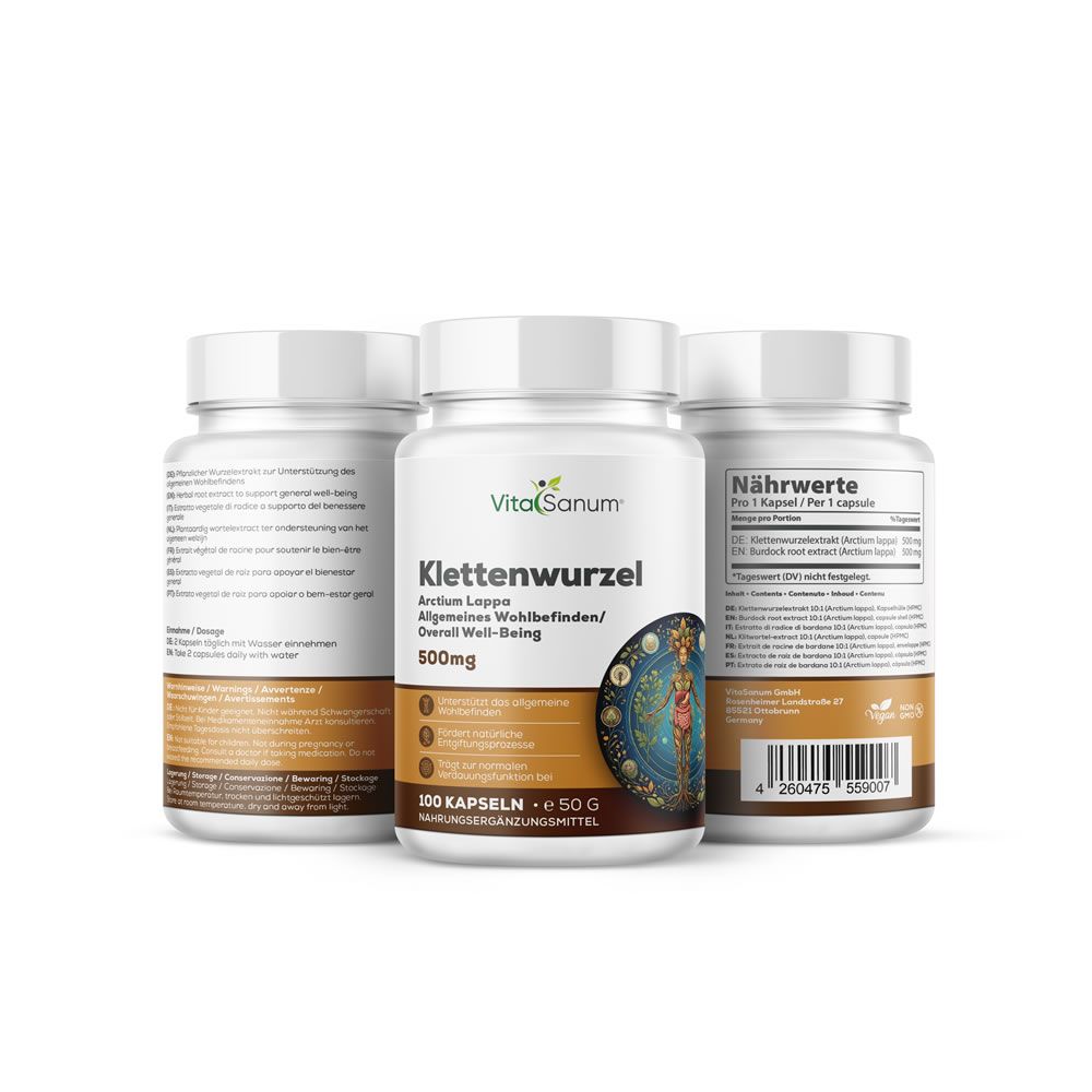 Tre flaconi di capsule. Scritta: VitaSanum, Klettenwurzel, 500mg. Etichette con informazioni e logo.