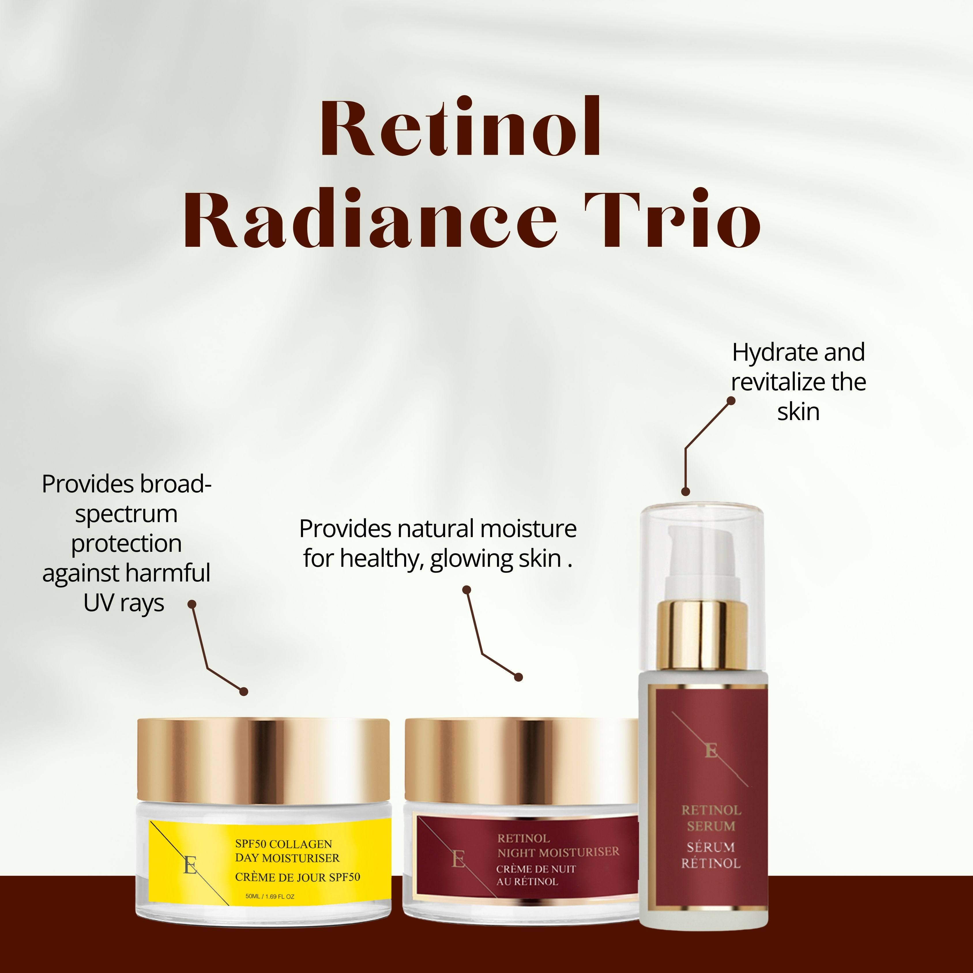 Tre prodotti cosmetici: crema giorno, crema notte e siero. Coperchi dorati, etichette con testo. Scritta: Siero al retinolo, crema giorno SPF50.