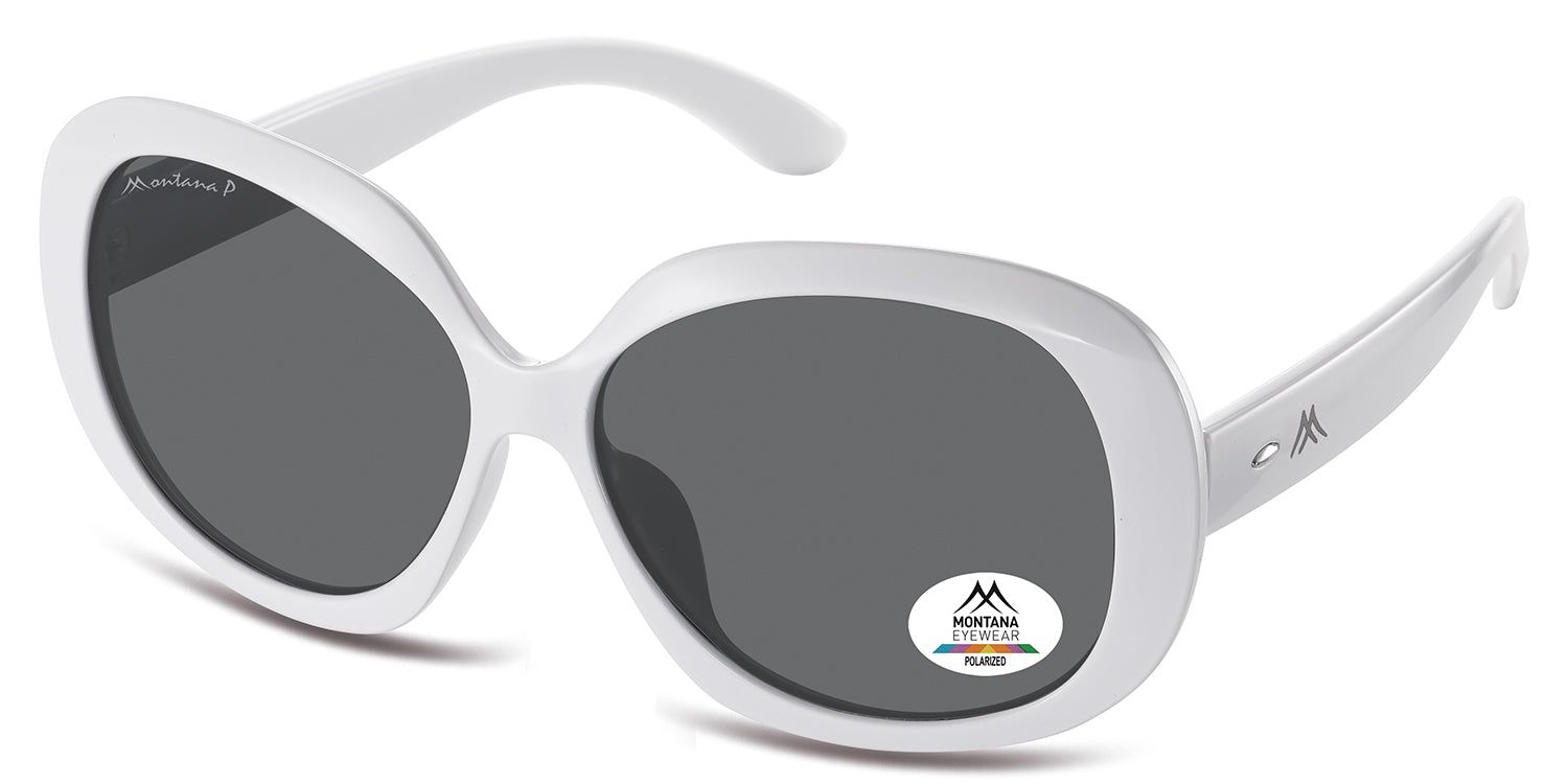 Occhiali da sole bianchi con lenti grigie. Il logo Montana Eyewear è visibile sull'asta e un adesivo 'Polarized' sulla lente.