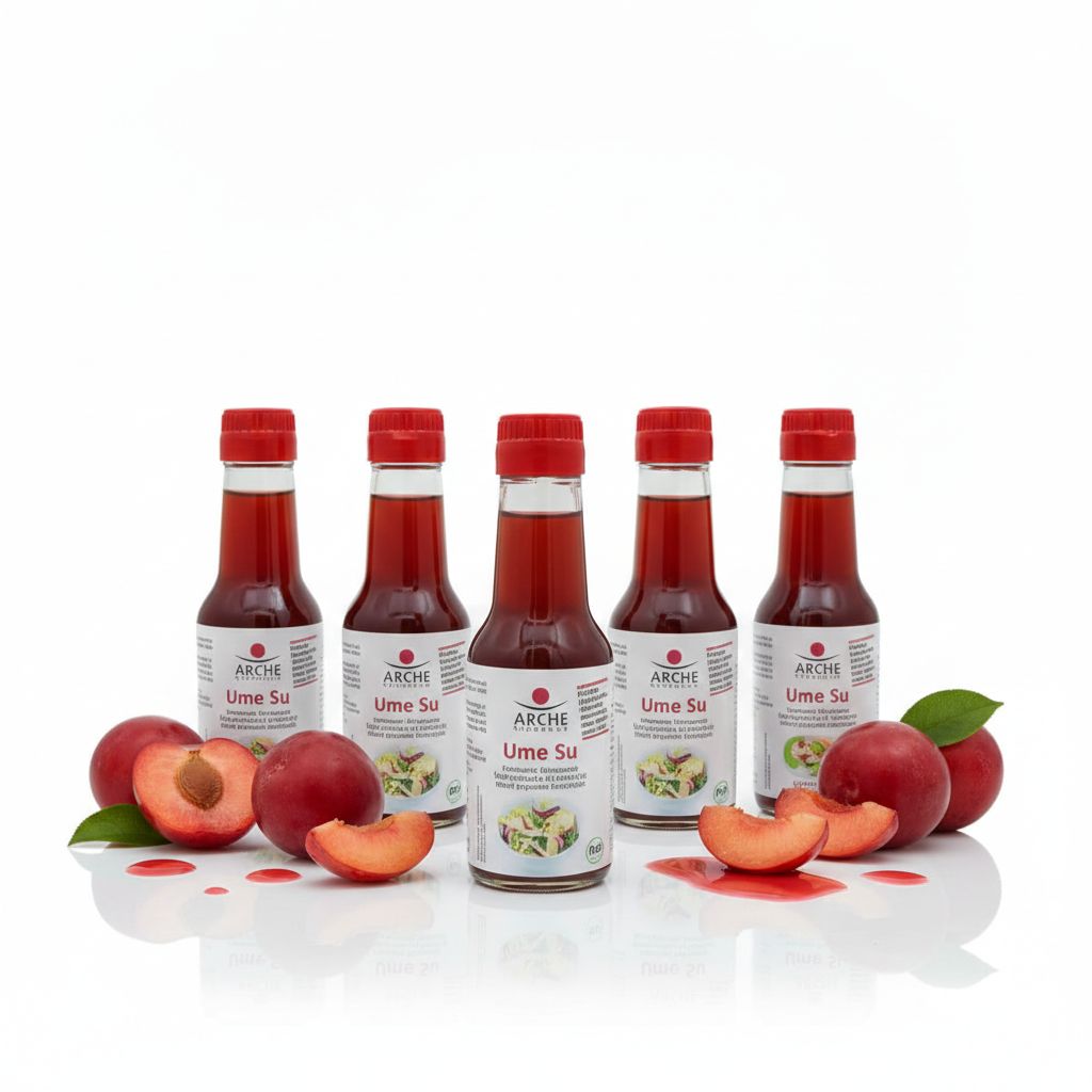 Cinque bottiglie Arche Ume Su Bio con prugne e foglie.