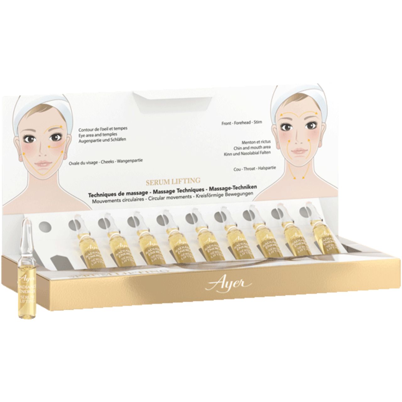Confezione con fiale. Ayer Serum Lifting. Rappresentazione facciale con punti di massaggio. Una fiala rimossa.