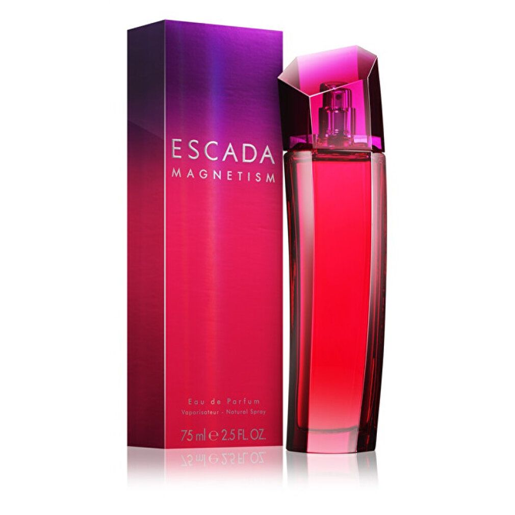 Flacone e scatola. Flacone rosa, ottagonale. Scatola sfumata rosa-viola, scritta ESCADA MAGNETISM.