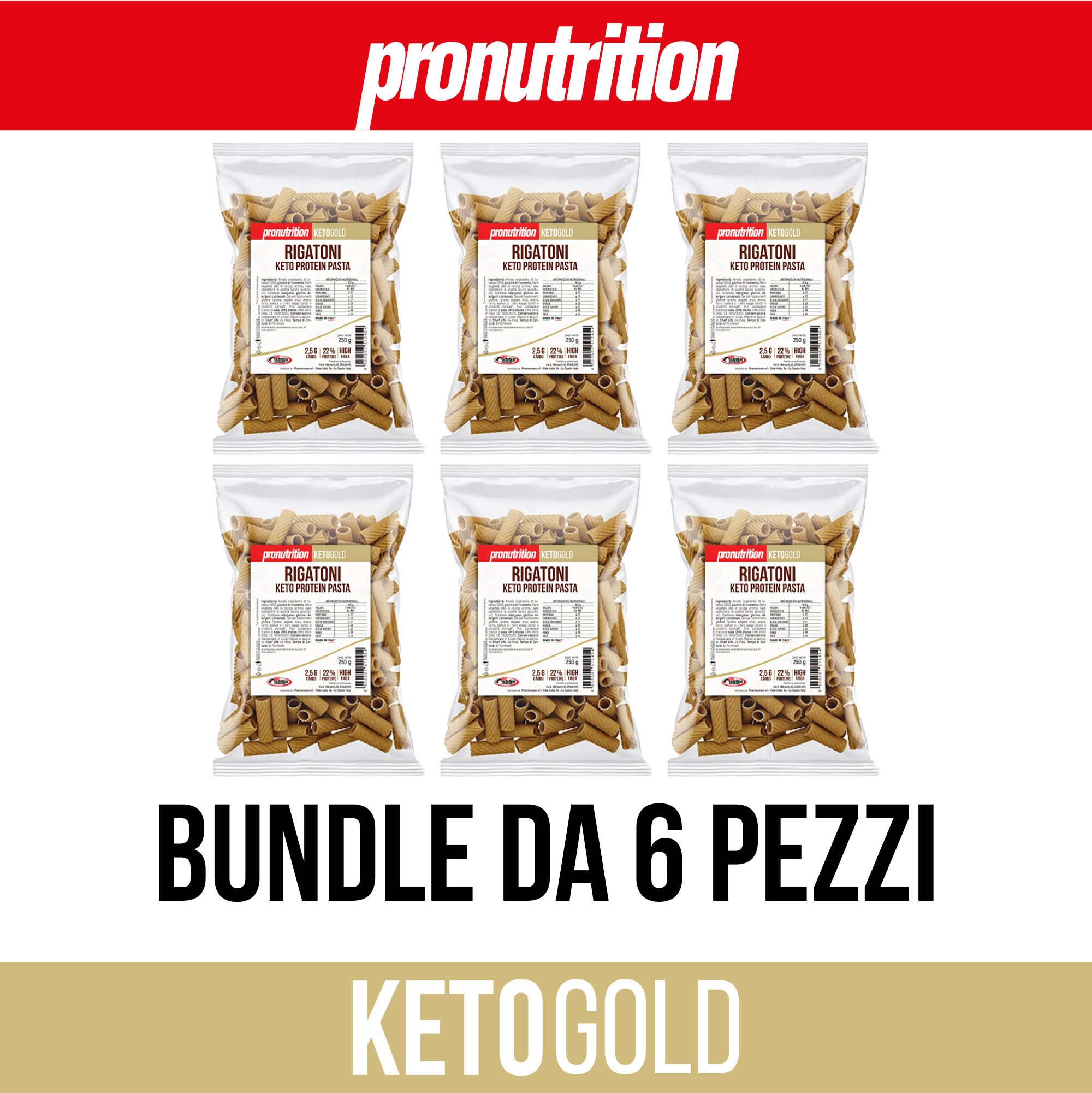 Sei confezioni di pasta rigatoni in confezione di plastica. Scritta: Bundle da 6 pezzi. Sotto: Ketogold. Sopra: Pronutrition.