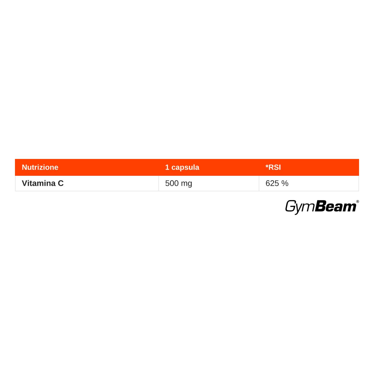 Informazioni nutrizionali: Vitamina C 500 mg per capsula, 625% VNR. GymBeam.
