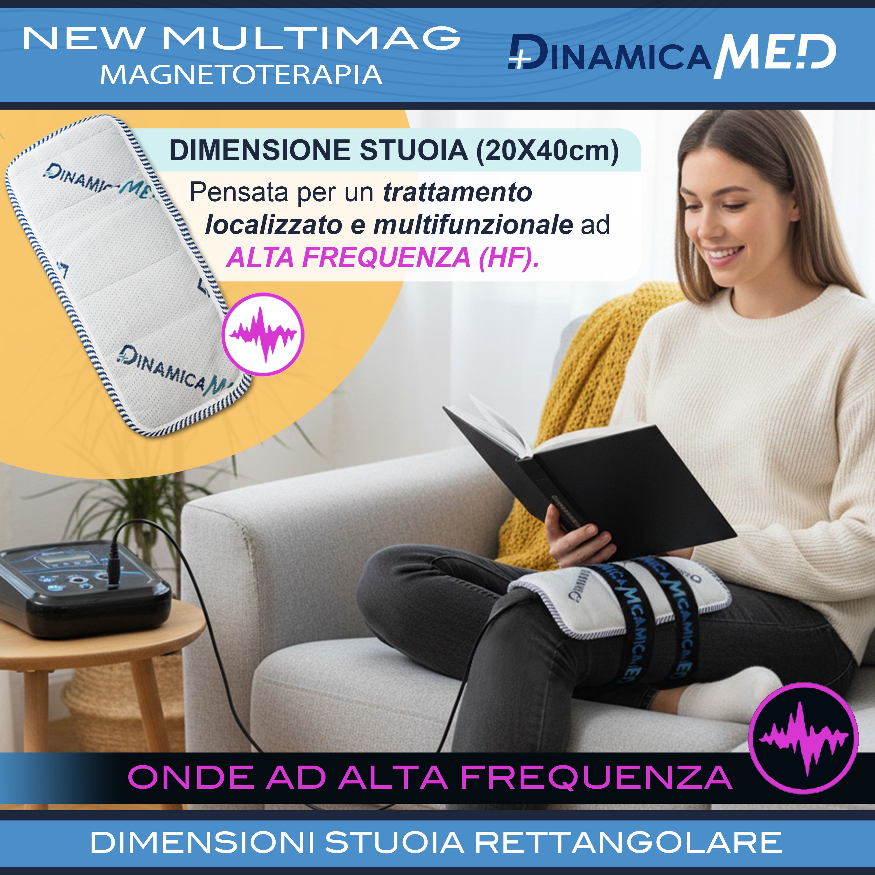 Donna usa apparecchio magnetoterapia con diffusore su ginocchio, 20x40cm.