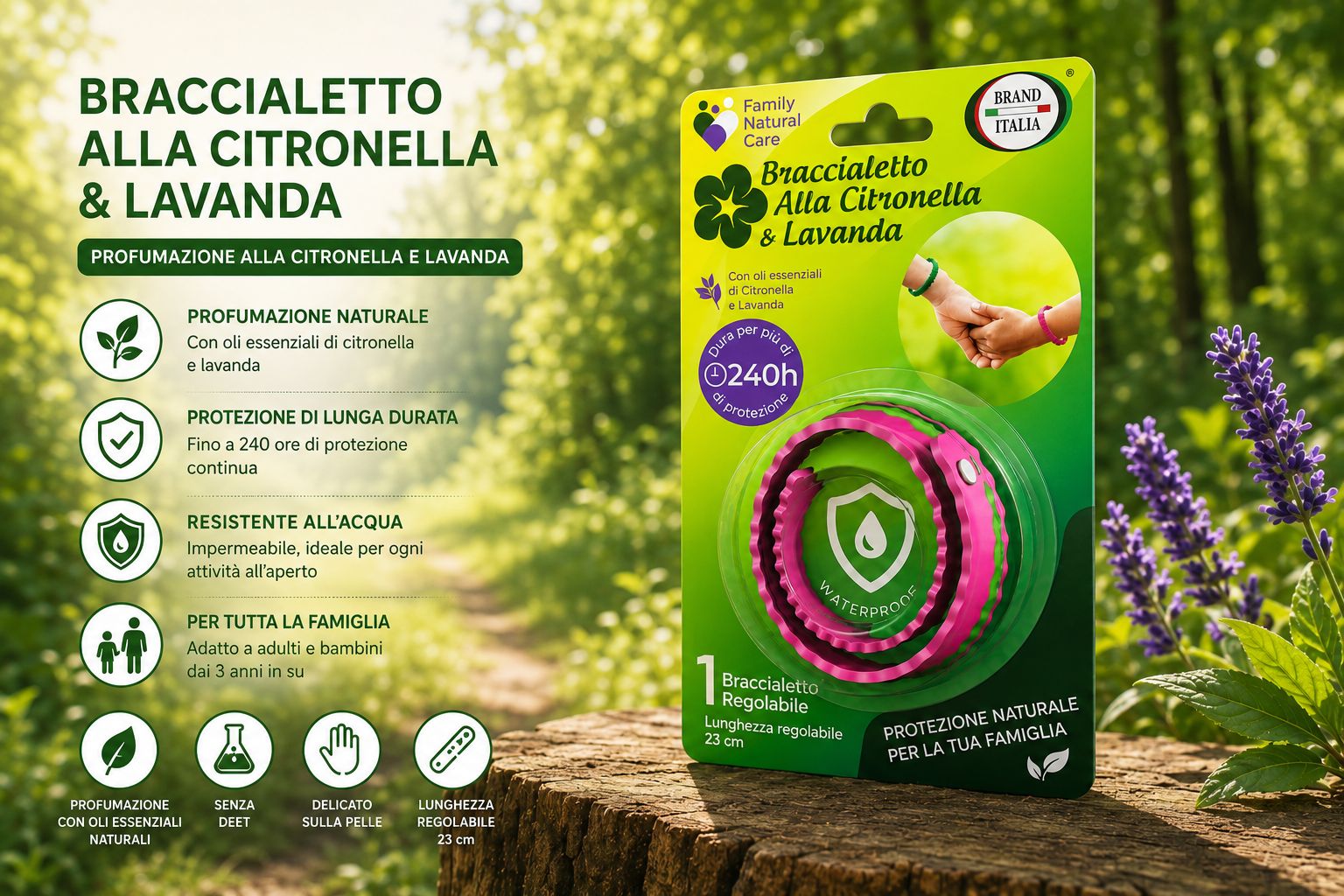Confezione per braccialetto alla citronella e lavanda, protezione 240h, impermeabile.
