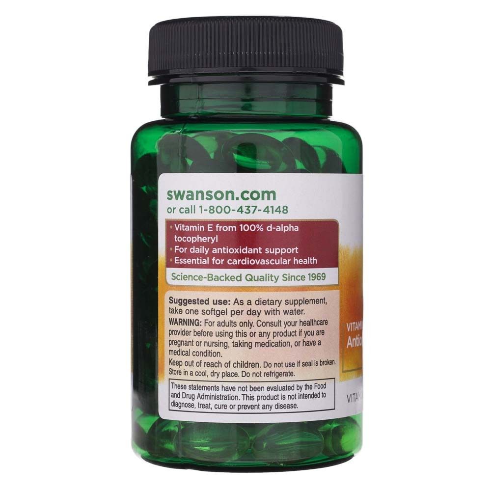 Retro del flacone con istruzioni per l'uso e avvertenze per Swanson Vitamina E.