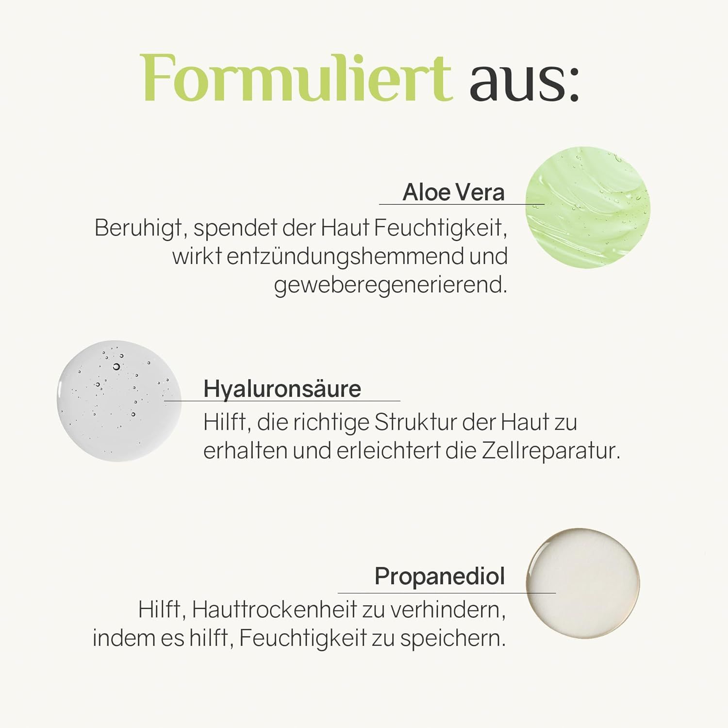 Illustrazioni circolari degli ingredienti: Aloe Vera, acido ialuronico, propanediolo. Descrizioni testuali degli ingredienti.